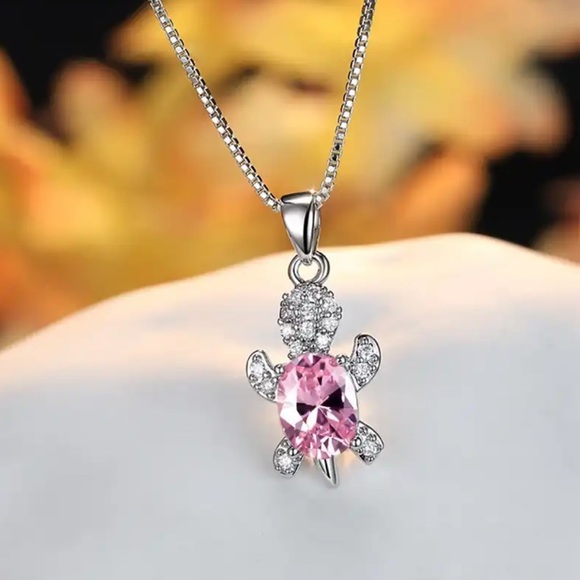 “Just Keep Swimming” Pink Gemstone Turtle Diamond Sterling Silver Gift Necklace - Picture 12 of 12